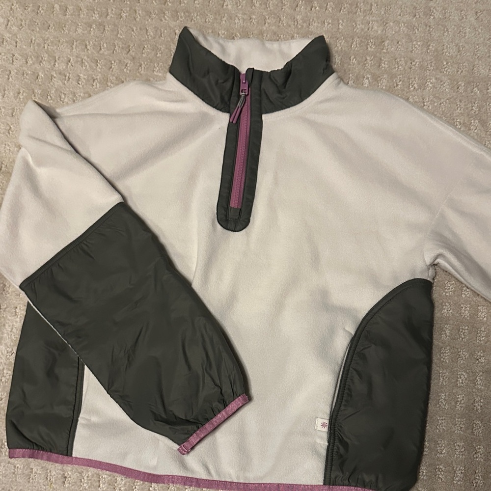 Athleta Girl White Fleece Pullover Jacket with Hunter Green Panels- PurpleAccent